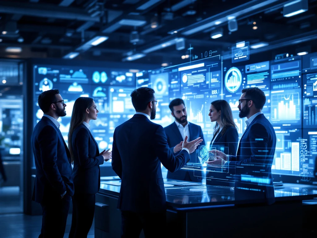 Consultants in a high-tech office discuss digital forensics amid holographic displays, embodying innovation and cybersecurity expertise.