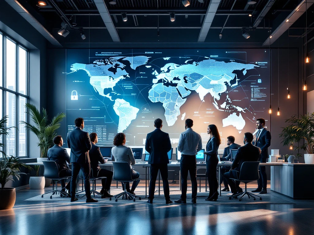 A diverse team in a sleek office discusses data on a digital display, symbolizing global cybersecurity recruitment. Cool blue tones dominate.