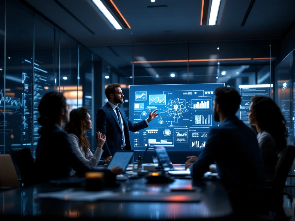 A diverse group in a modern boardroom discusses cybersecurity, with digital displays of graphs; the scene is lit in blues and grays.