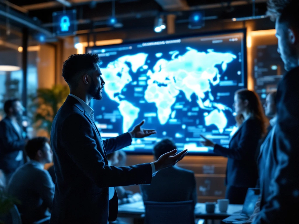 A diverse team in a modern office analyzes a digital world map for cybersecurity recruitment, with security icons and a cool color palette.
