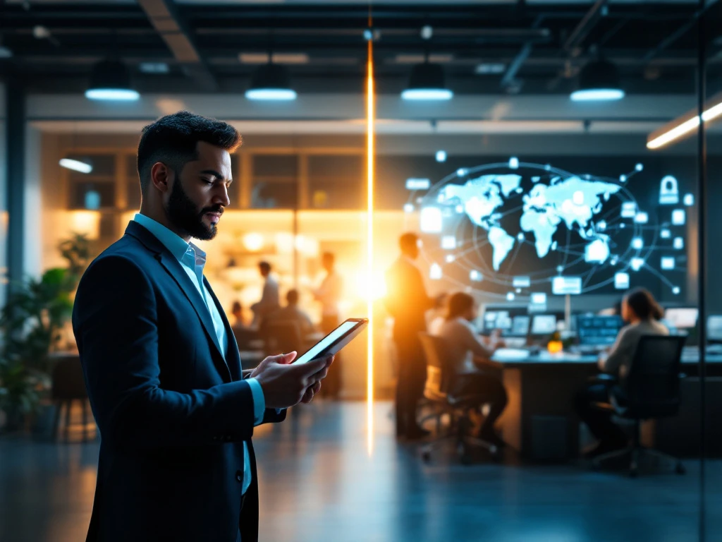 A professional reviews candidate profiles on a tablet in a modern office, contrasting in-house and vendor-based eDiscovery hiring models.