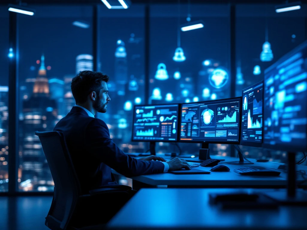 A digital forensics consultant works at a desk with multiple screens in a modern office, highlighting global cybersecurity expertise.