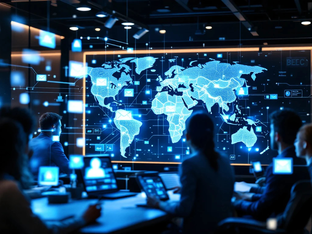 A diverse team in a high-tech office analyzes cybersecurity data on a large display, symbolizing Iceberg's global reach and expertise.