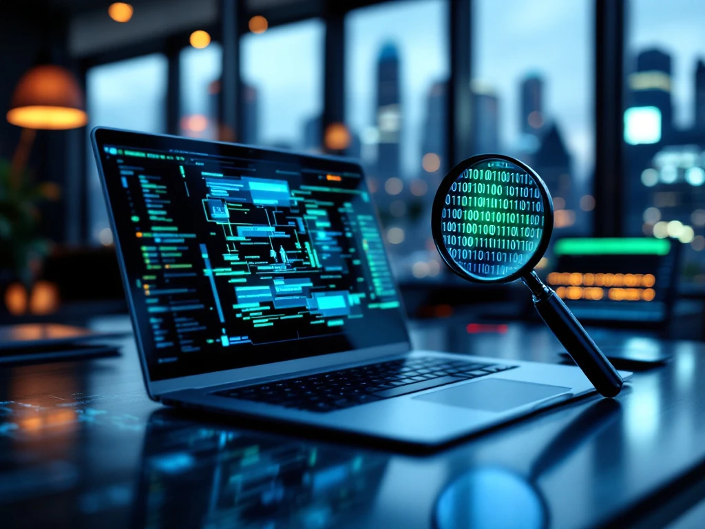 A modern office with a laptop displaying digital forensics software, a magnifying glass over binary code, and a cityscape background.