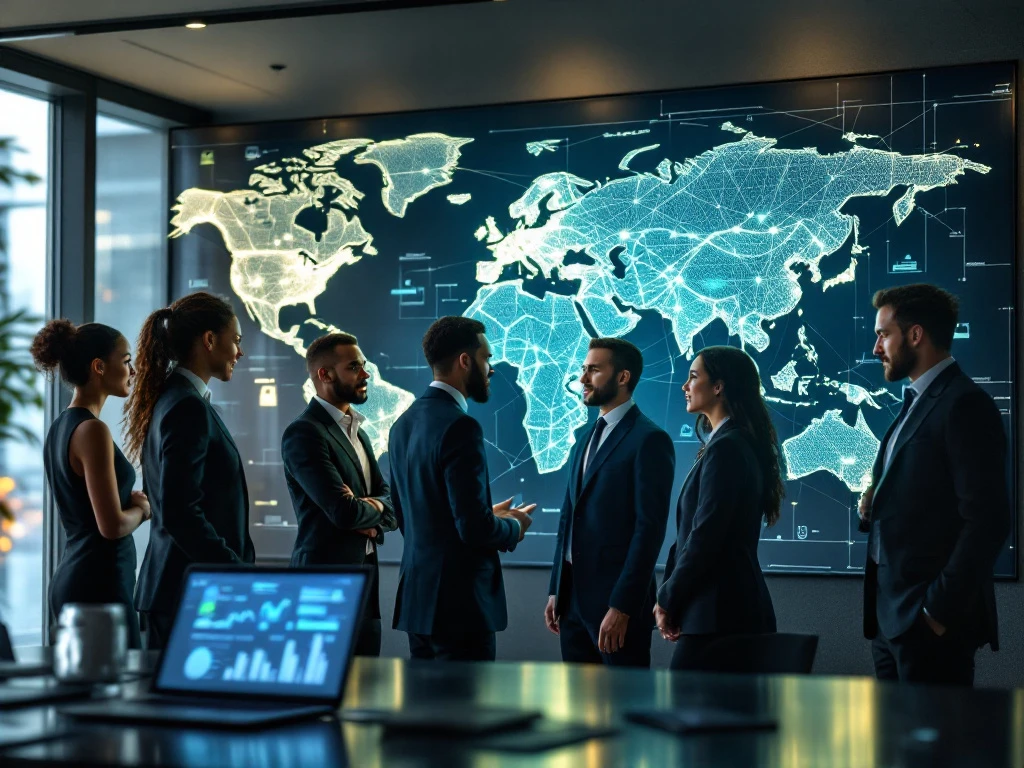 A diverse team discusses cybersecurity hiring in a modern office, with a digital world map and laptop showing analytics in the background.