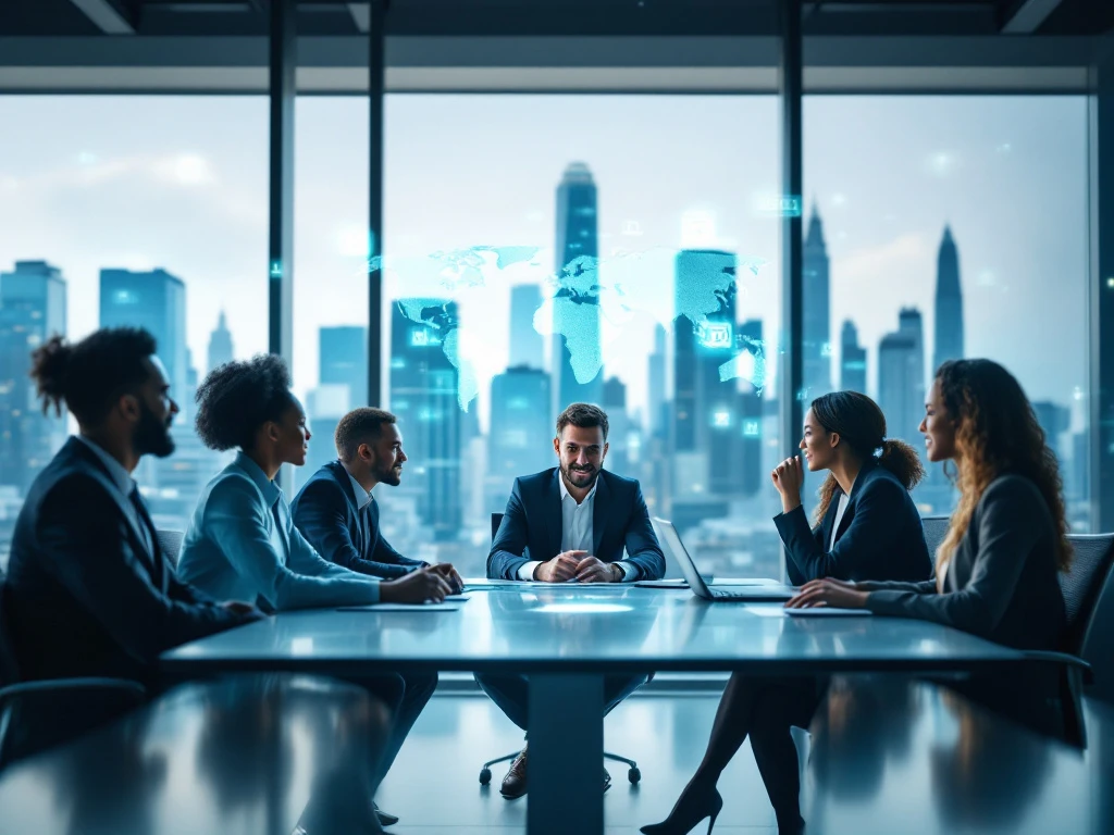 A diverse team in a modern office collaborates on eDiscovery projects, with a city skyline and digital elements in the background.