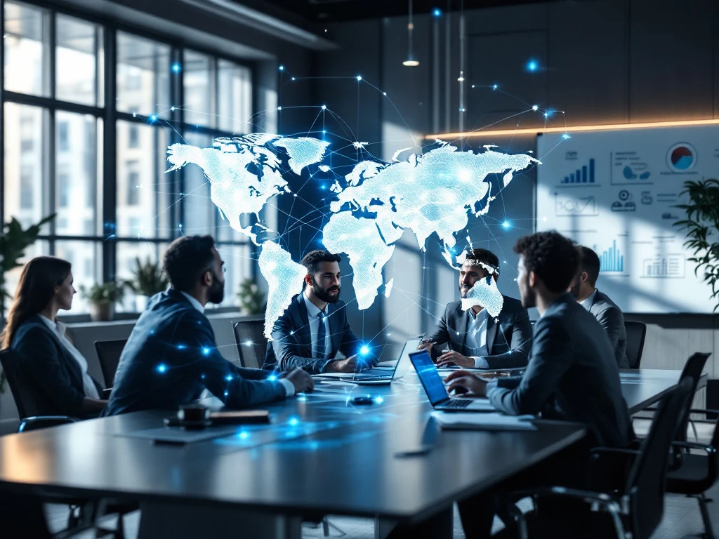 A diverse team in a modern office discusses cybersecurity recruitment; a digital map and career paths highlight global connectivity.