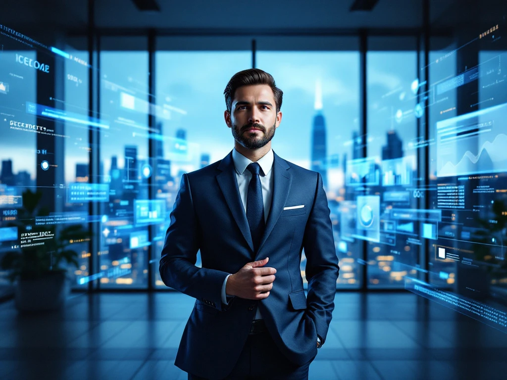 A photorealistic office scene with a professional, tech symbols, sales charts, and a city skyline, reflecting cybersecurity expertise.