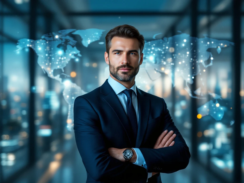 A confident Business Development Manager in cybersecurity stands in an office, with a digital cityscape and global connections in the background.