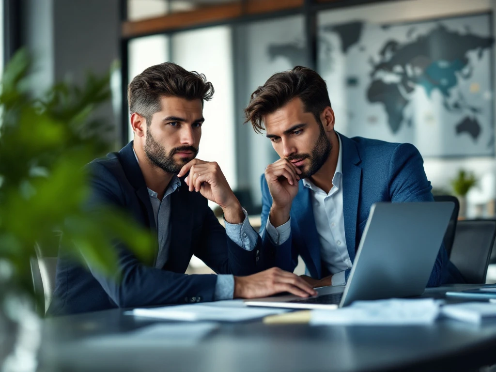 A professional at a desk reviews a digital chart on a laptop, symbolizing cybersecurity expertise, with a global map in the background.