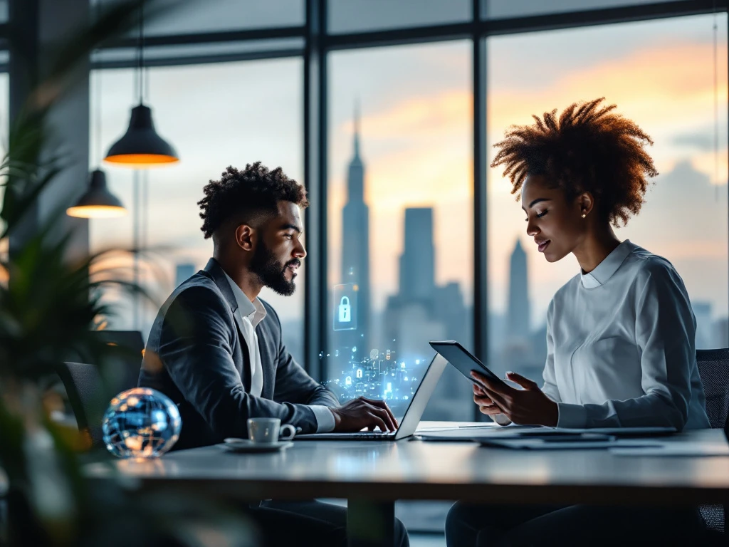 Two diverse professionals discuss cybersecurity hiring in a modern office with a city view, highlighting Iceberg's global recruitment services.