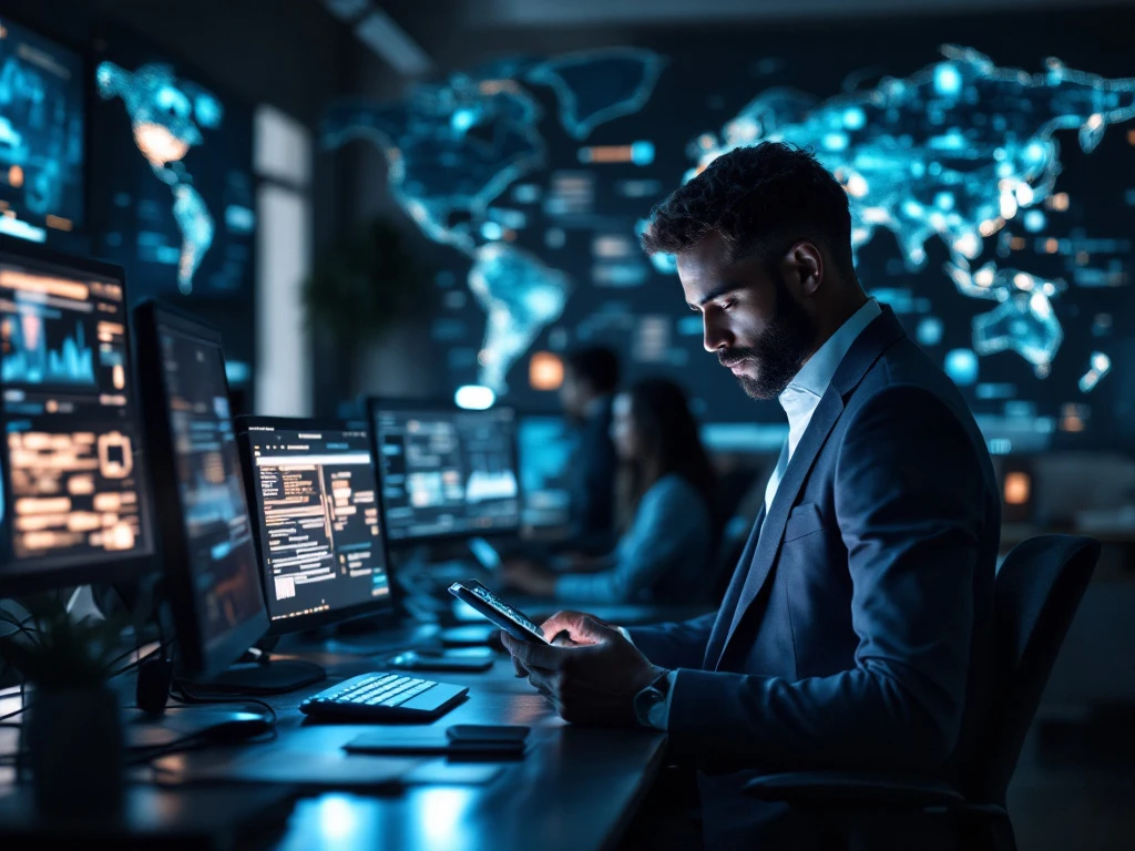 Office scene with diverse team solving cybersecurity issues, glowing screens, recruitment specialist on tablet, and global map in background.