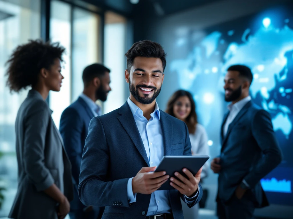 Diverse professionals in a modern office discuss, with one using a tablet; a blurred world map in the background signifies global reach.