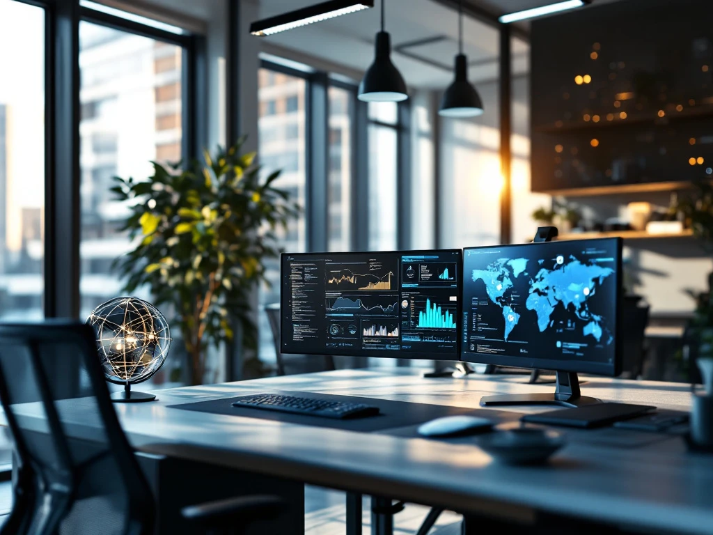 Modern office with large windows, multiple monitors showing cybersecurity data, ergonomic furniture, and a blue-gray color palette.