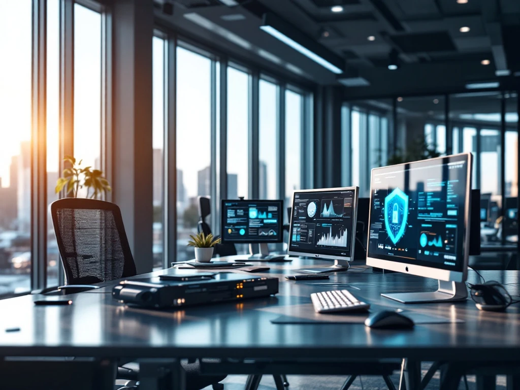 Modern office with natural light, multiple screens showing data, and sleek black-silver tech, reflecting cybersecurity professionalism.