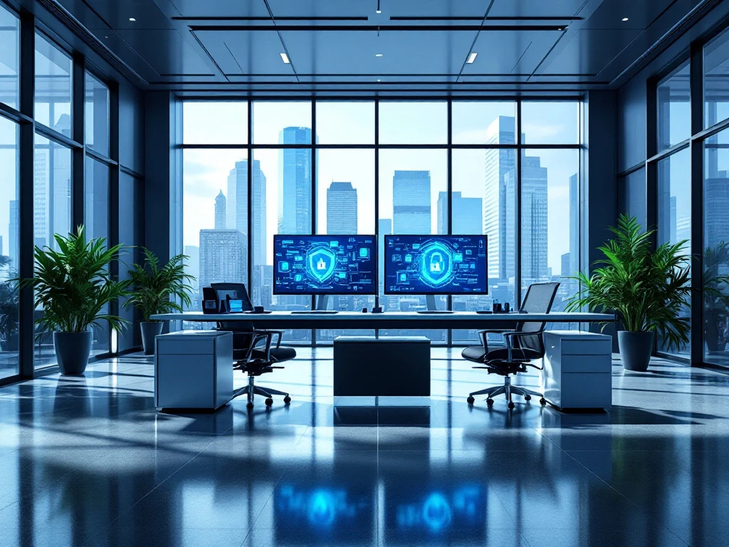 A modern office with cybersecurity themes, featuring dual monitors, shield icons, and a blue-grey palette, reflecting professionalism.