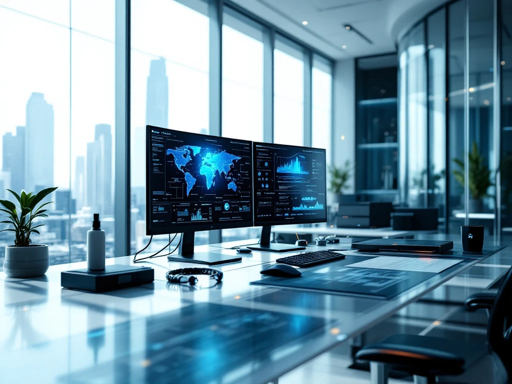Modern office with natural light, dual monitors showing cybersecurity data, cool blue and gray tones, and sleek tech equipment.
