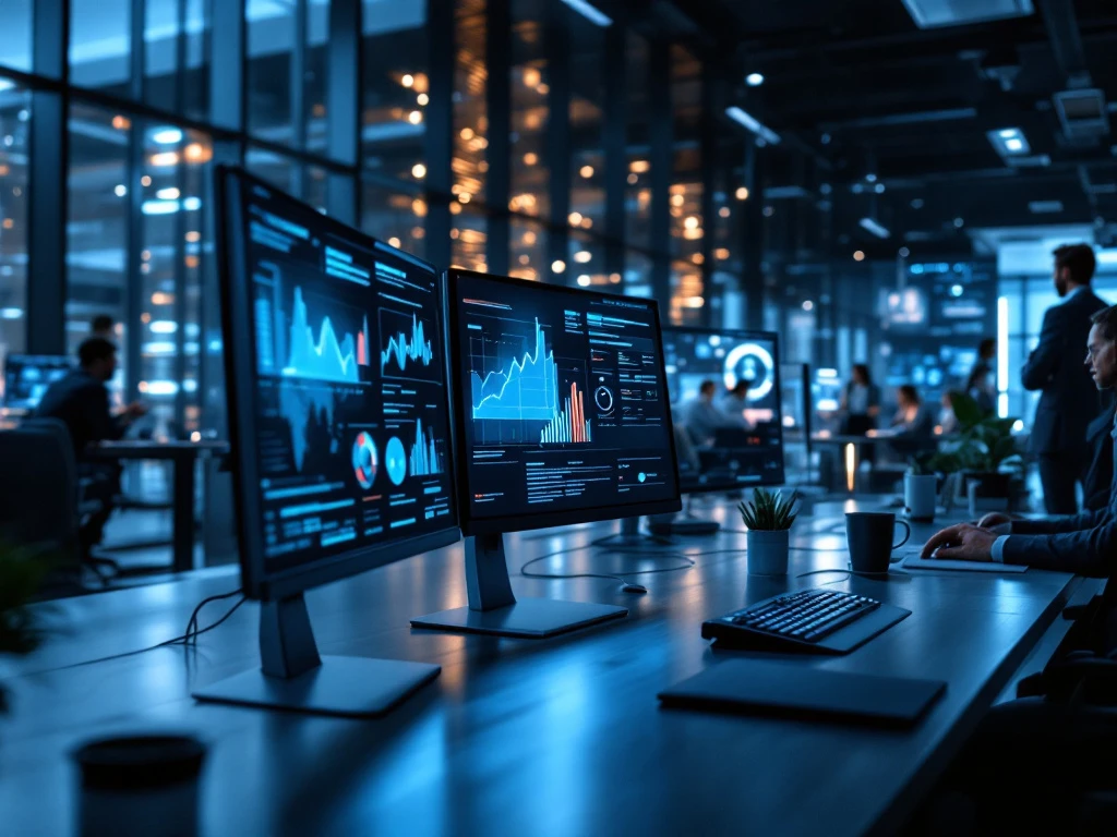 Modern cybersecurity workspace with multiple monitors, natural light, diverse professionals, and a sleek, professional atmosphere.