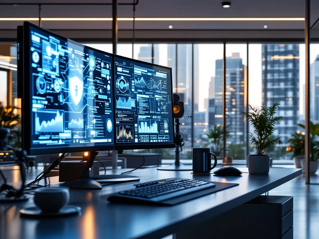 A modern cybersecurity workspace with large windows, multiple monitors, and a minimalist design in cool blues and greys.
