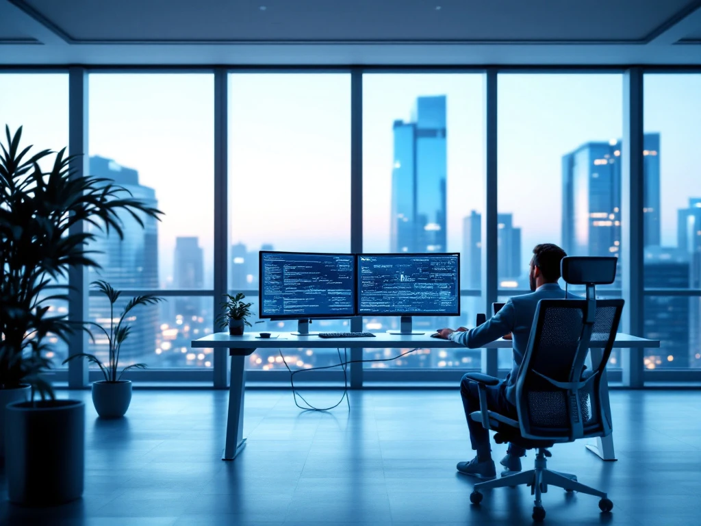 Modern cybersecurity office with dual monitors, ergonomic setup, blue tones, and city view, symbolizing Iceberg's innovative recruitment.
