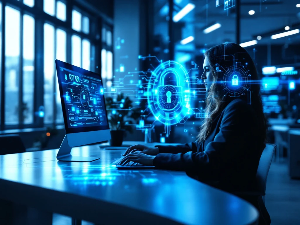 Modern cybersecurity workspace with sleek equipment, cool blue and gray tones, symbolizing trust and innovation in recruitment.