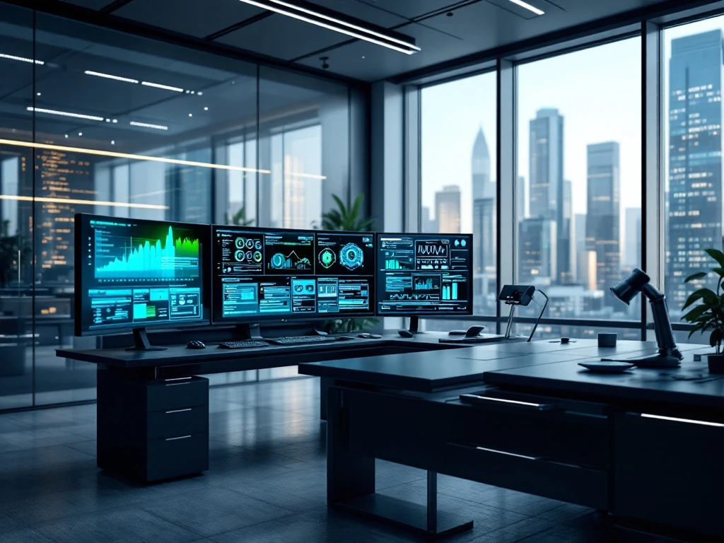 Cybersecurity workspace with monitors, ergonomic furniture, and natural light, in cool blues and grays, symbolizing trust and innovation.