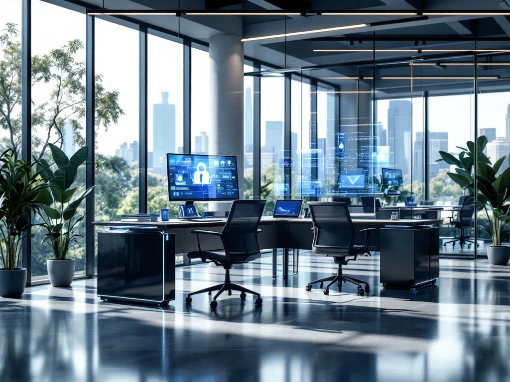 Modern cybersecurity workspace with holographic displays, natural light, and minimalist design, reflecting innovation and precision.