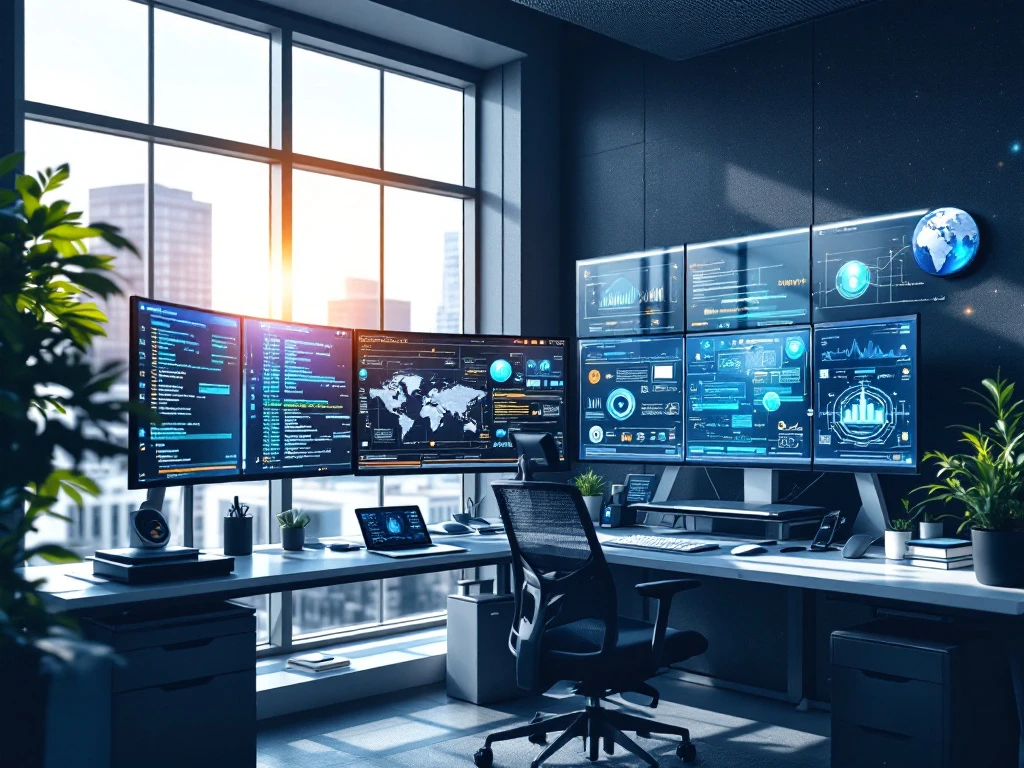 A modern cybersecurity office with multiple monitors, ergonomic setup, and a cool blue-gray palette, symbolizing global tech expertise.