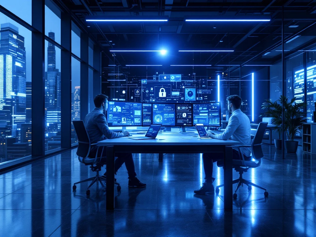 Modern office with floor-to-ceiling windows, multiple monitors, and cybersecurity symbols. Blue and gray tones create a high-tech feel.