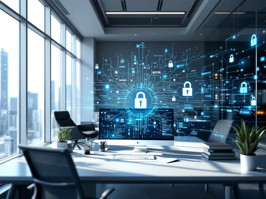 Modern office with natural light, advanced computers, and cybersecurity symbols, reflecting sophistication and innovation.