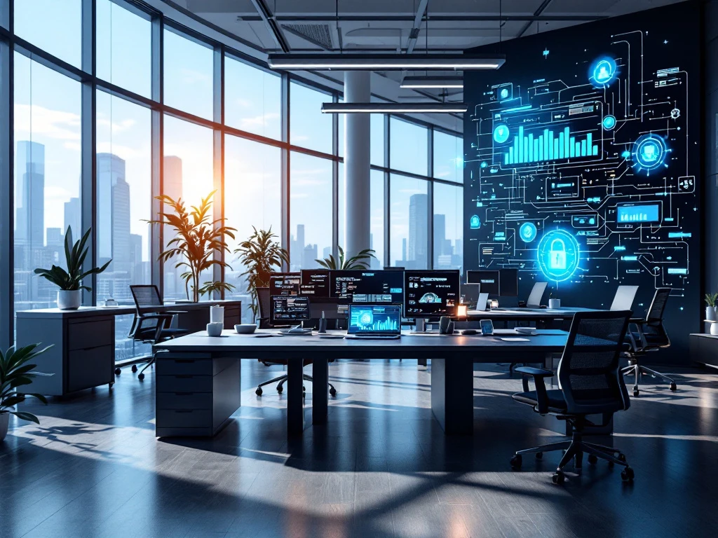 Modern office with natural light, advanced computer systems, and cybersecurity visuals; cool blues and grays reflect innovation and trust.