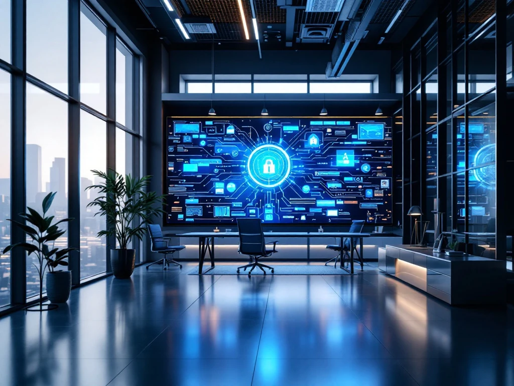 Modern cybersecurity workspace with natural light, advanced systems, multiple screens, and a sleek, minimalist design in blue and silver tones.