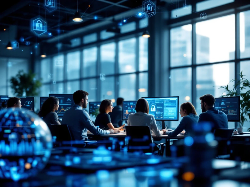 A modern cybersecurity office with diverse professionals, high-tech monitors, and a global theme in cool blues and grays.