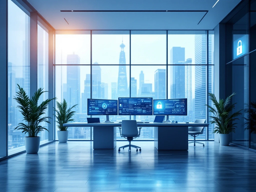 Modern office with floor-to-ceiling windows, multiple monitors showing data, cool blue and silver tones, symbolizing cybersecurity.