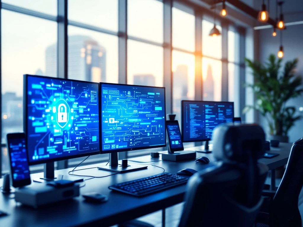 Modern office with floor-to-ceiling windows, cybersecurity setup with monitors, biometric scanners, in cool blues and metallic grays.
