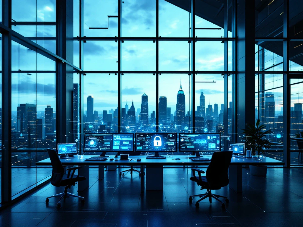 Modern office with large windows, high-tech cybersecurity workstations, digital networks on screens, and cityscape in the background.