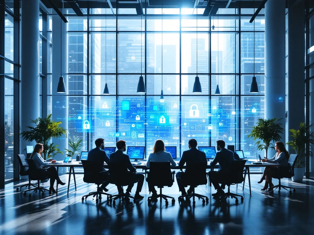 Modern cybersecurity workspace with diverse team collaborating, surrounded by high-tech equipment and screens displaying data patterns.