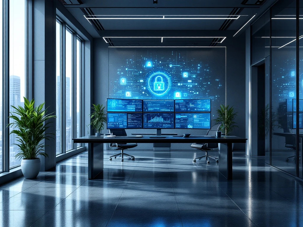 Modern office with natural light, multiple monitors showing data streams, and cybersecurity-themed decor in blue and metallic tones.