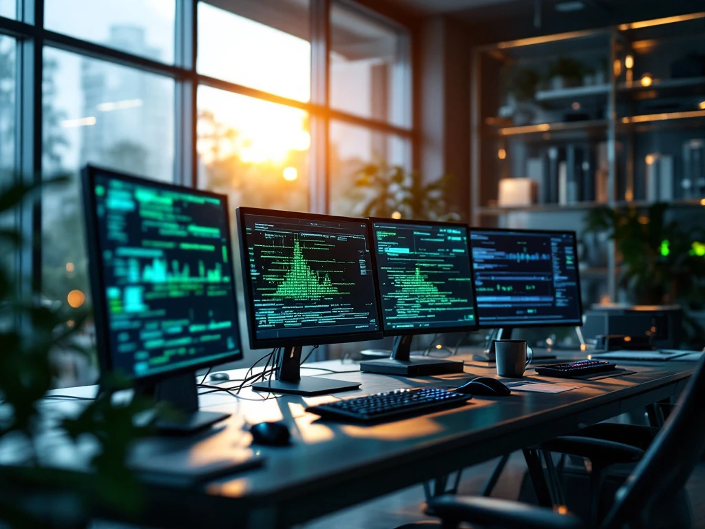 Modern office with high-tech cybersecurity setup, multiple monitors, and natural light, embodying trust, innovation, and precision.