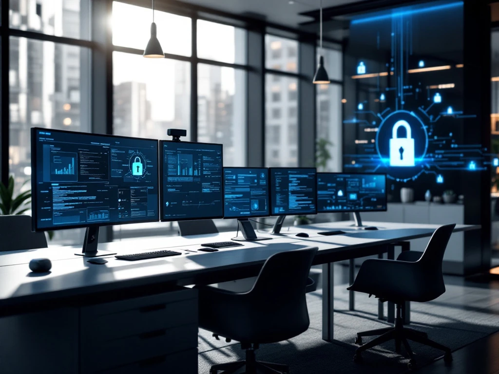 Modern office with natural light, multiple monitors showing cybersecurity data, and minimalist design in blue and silver tones.