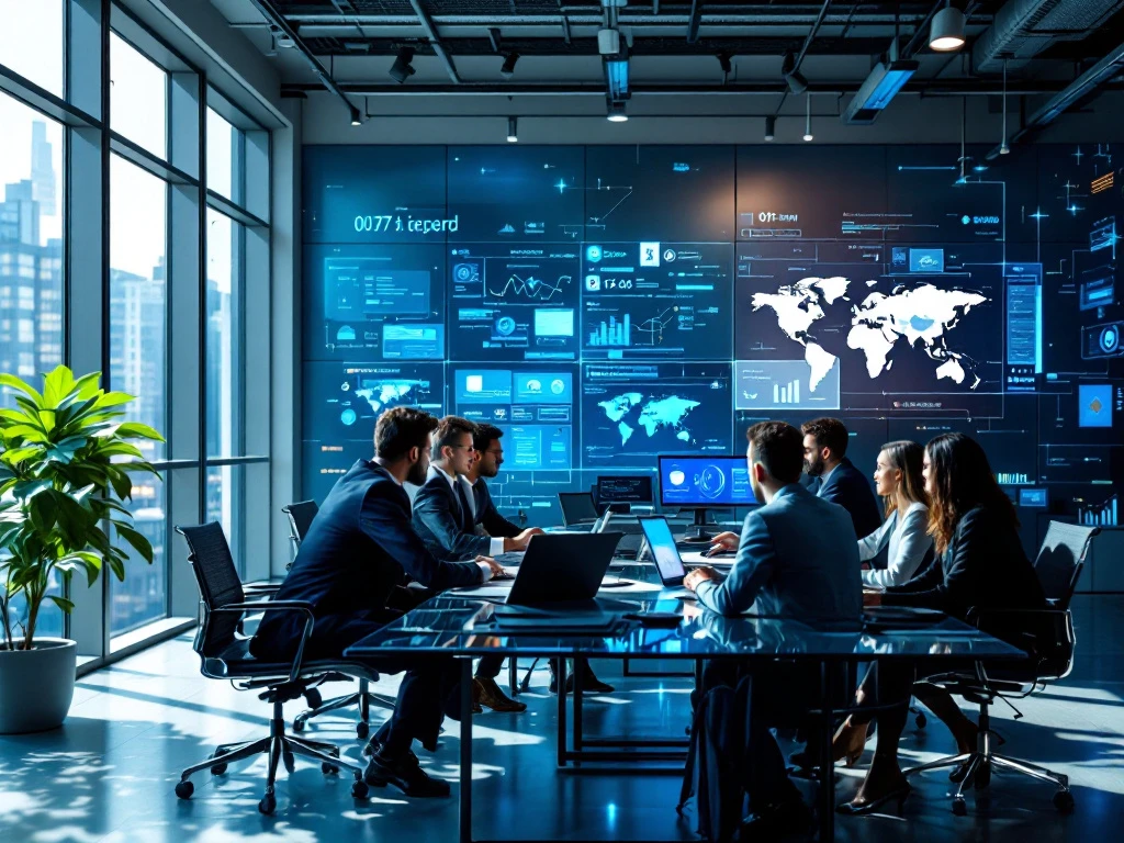 Modern office with diverse team collaborating around a glass table, showcasing cybersecurity screens and a cool blue-silver palette.