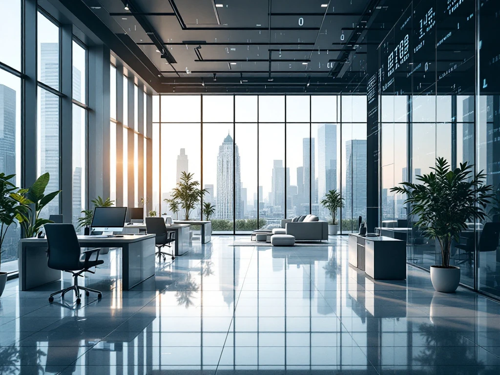 Modern office with floor-to-ceiling windows, sleek furniture, tech on desks, blue-gray scheme, plants, and digital code reflections.