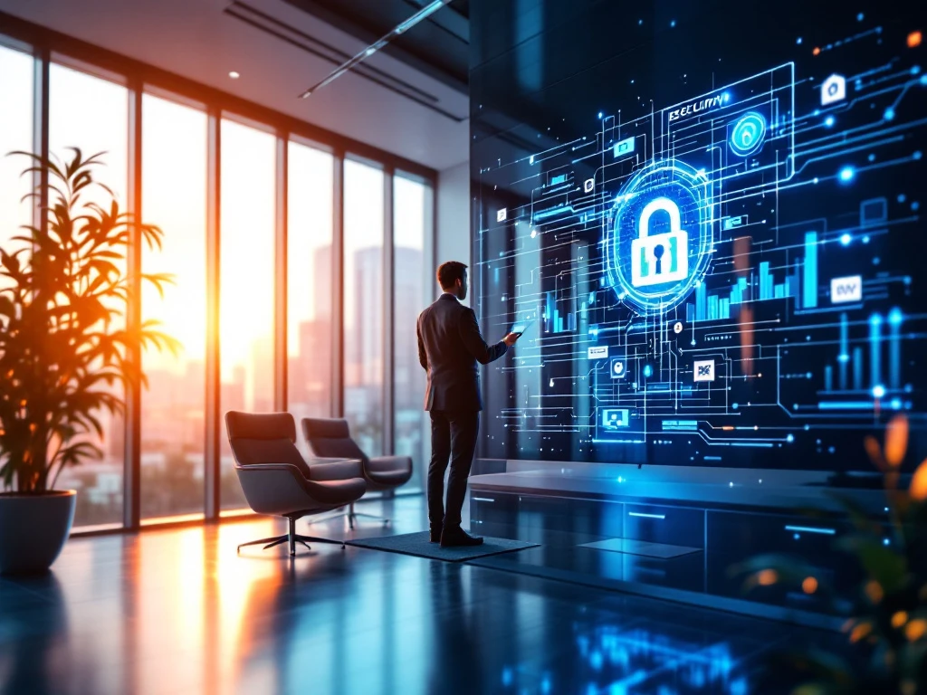 Modern office with natural light, cybersecurity monitors, and eDiscovery themes; cool blue and silver tones reflect professionalism.