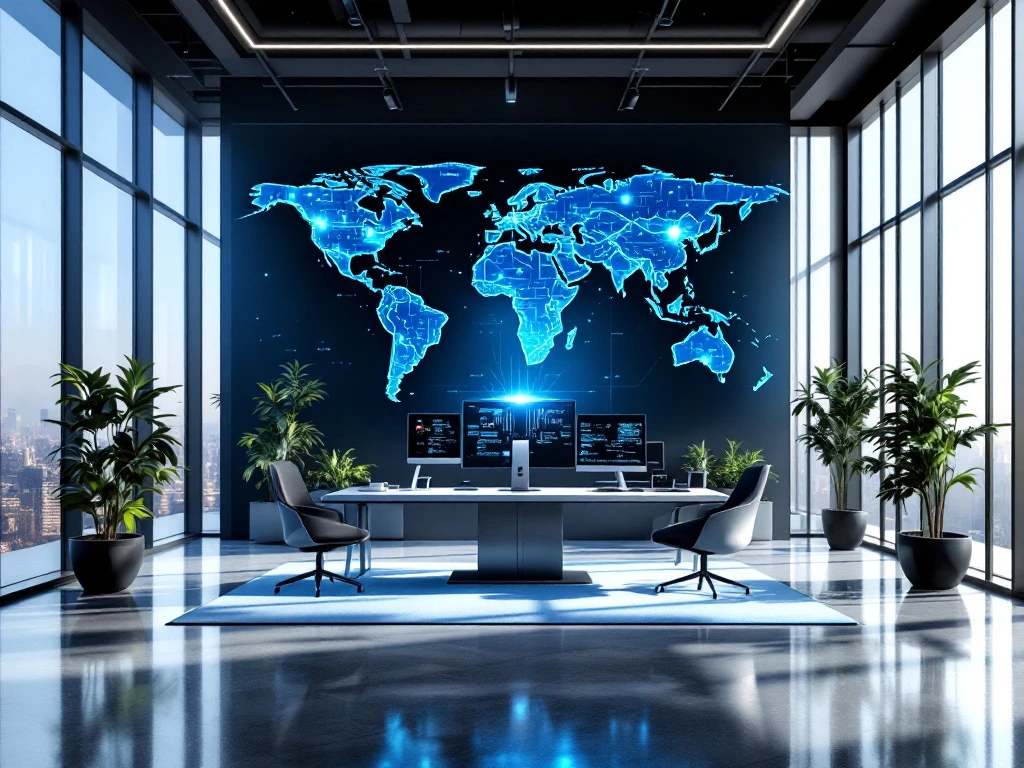 Modern office with large windows, high-tech setup, cybersecurity visuals, world map, and minimalist decor in cool blues and grays.