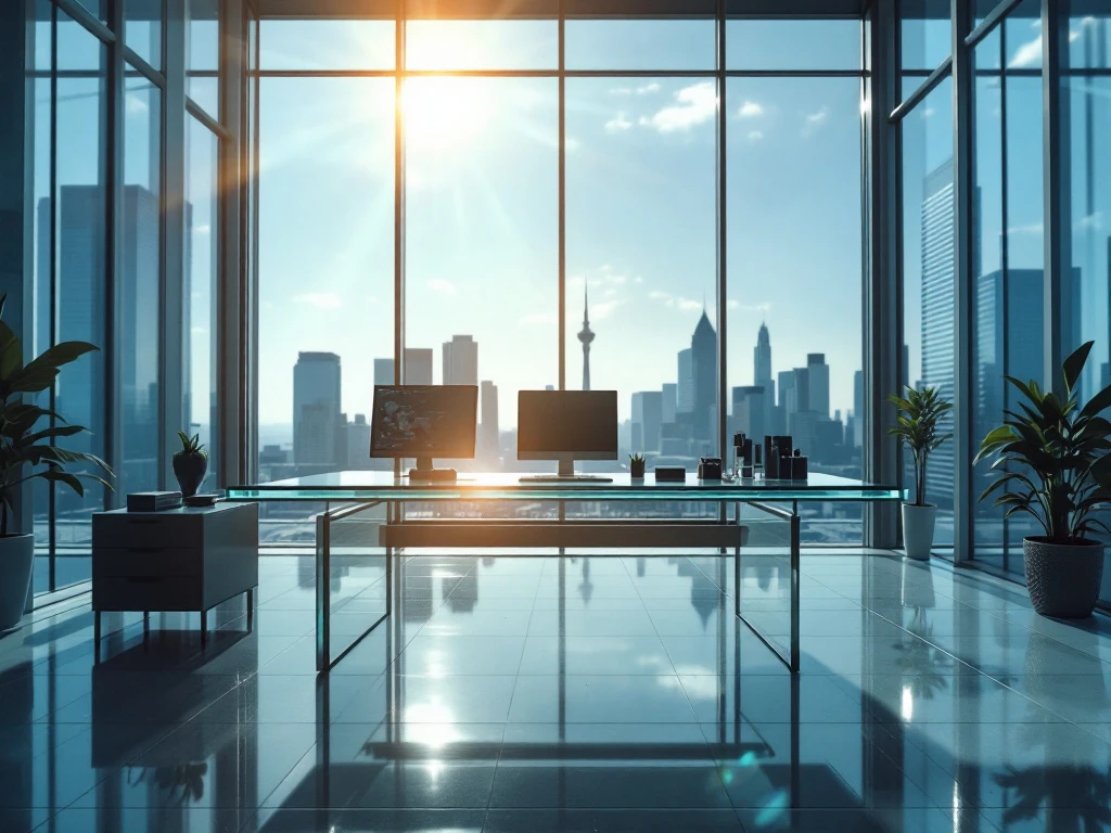 Modern office with floor-to-ceiling windows, glass desk, global map, and blue-grey tones symbolizes Iceberg's tech-driven, global reach.