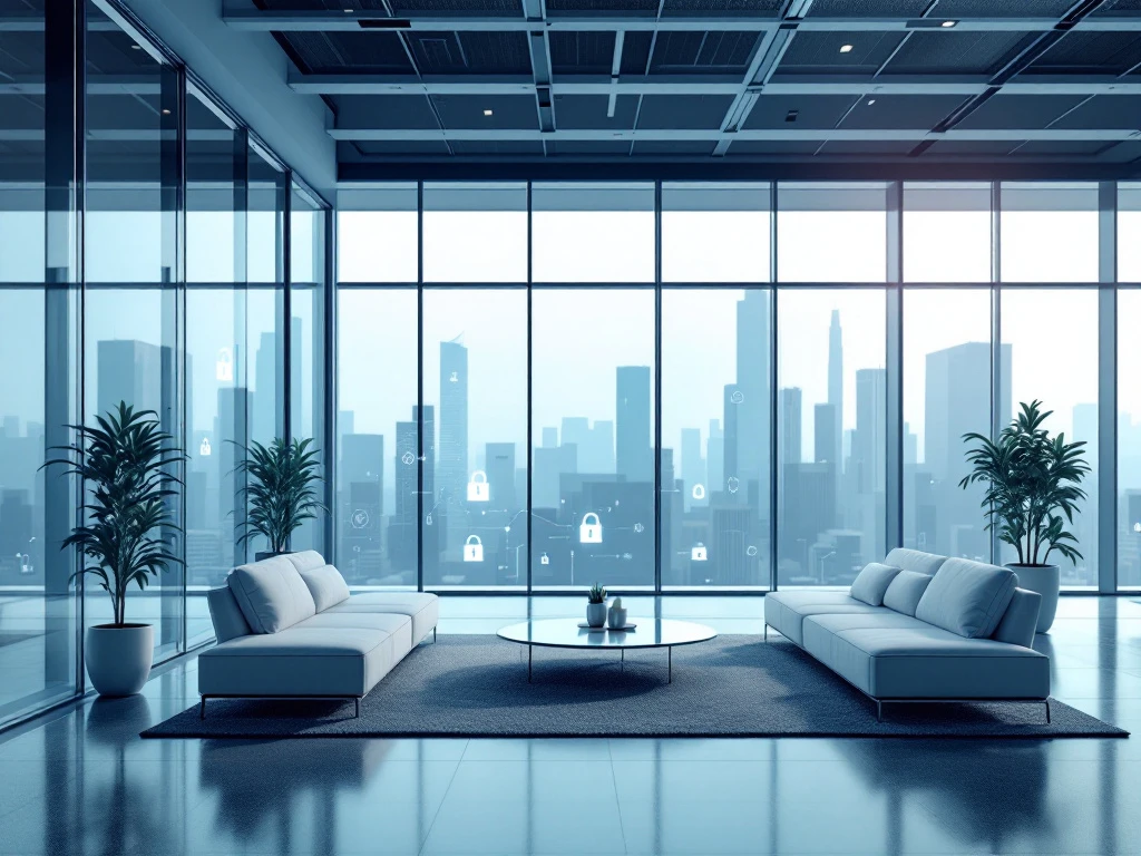 A modern office with floor-to-ceiling windows, minimalist furniture, and faint cybersecurity symbols, in cool blues and greys.