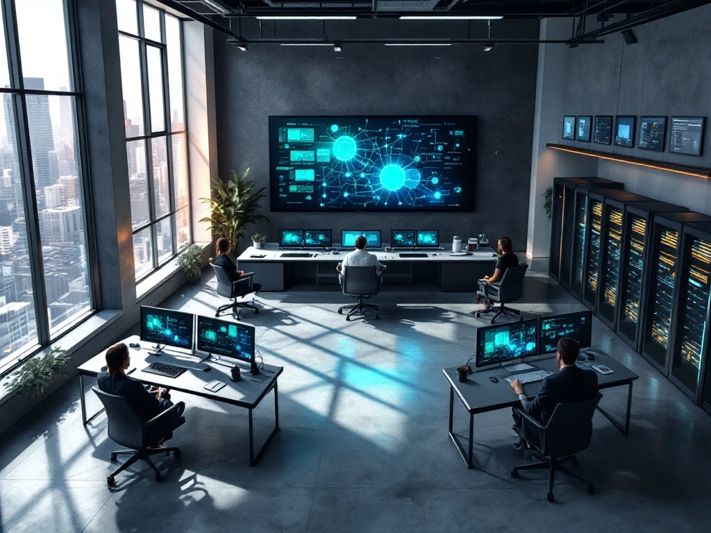 Modern cybersecurity command center with five semi-circular workstations, data visualization screens, and city views through floor-to-ceiling windows