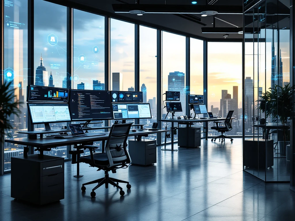 Modern office with digital forensics lab and cloud workstation featuring city views, natural light, and holographic security interfaces.
