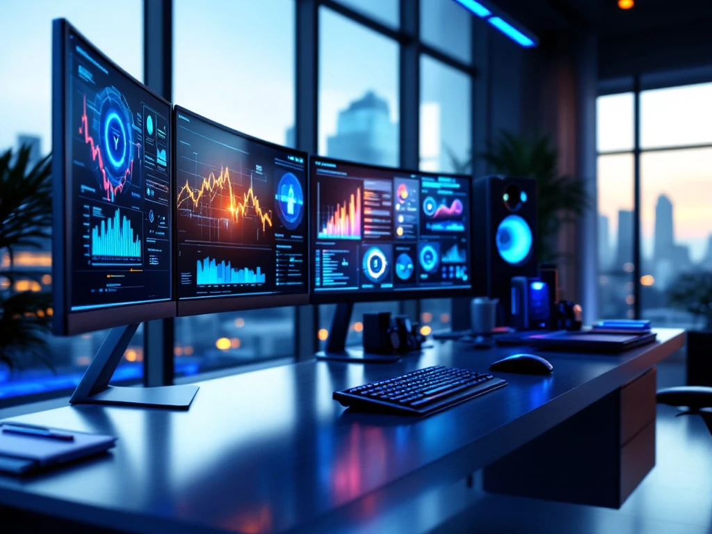 Modern cybersecurity workstation with multiple monitors, digital forensics tools, and organized litigation folders in a sleek office with city views.