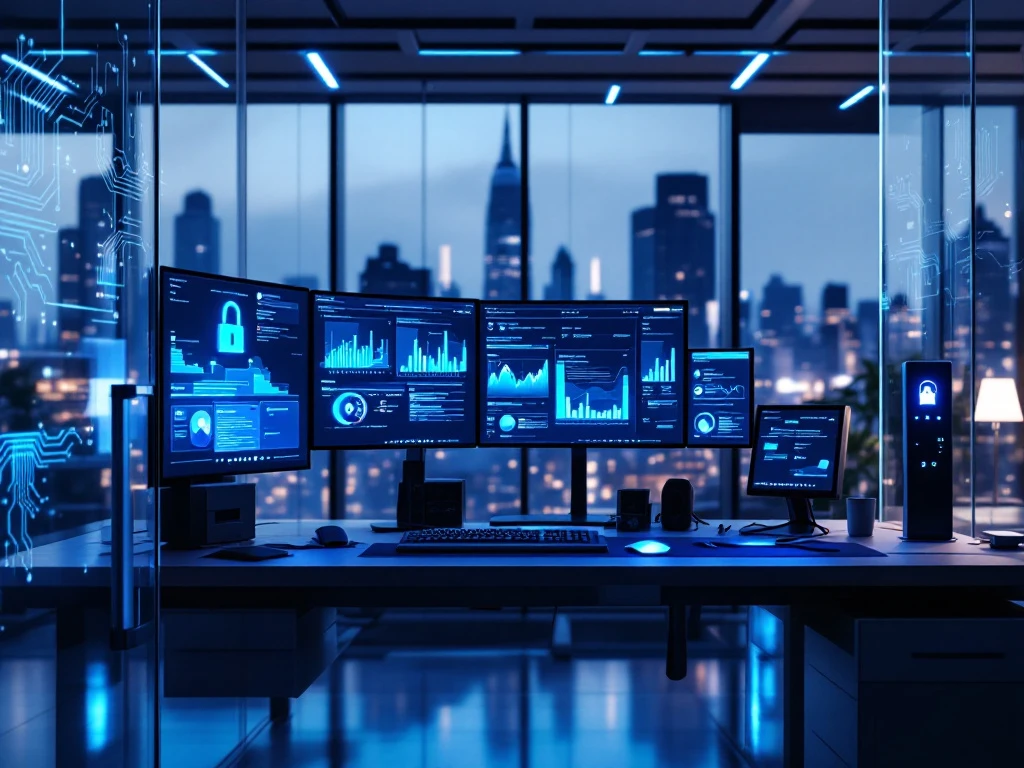 Cybersecurity workstation with multiple monitors displaying security analytics and forensic tools in sleek office overlooking cityscape.